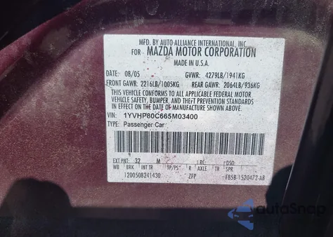 2006 Mazda Mazda6 I Grand Touring z USA, uszkodzony, nr VIN 1YVHP80C665M03400